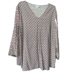 J. Jill Floral Geo V‑Neck Long Sleeve Top in Pink and White Size Large